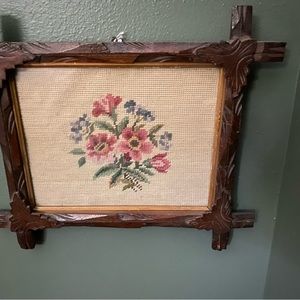 Vintage floral embroidered tramp art wooden frame artwork
